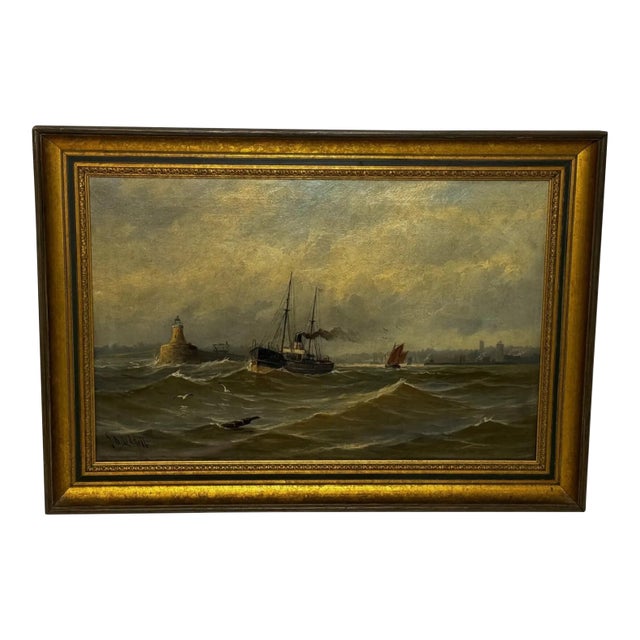 Antique Victorian Marine Oil Painting of the River Tyne, Steam Tug Leaving Newcastle, by John Davison Liddell, c.1890 For Sale