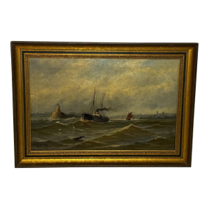 Antique Victorian Marine Oil Painting of the River Tyne, Steam Tug Leaving Newcastle, by John Davison Liddell, c.1890