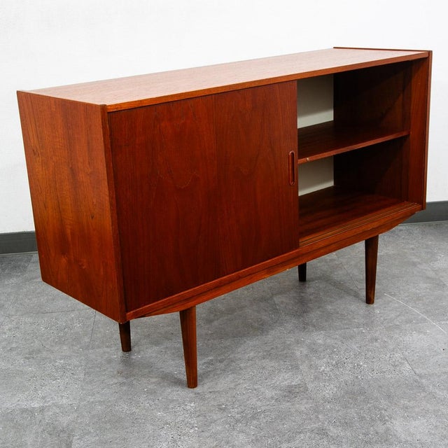 Mid Century Modern Credenza Media Cabinet Teak Sliding Door Compact Denmark For Sale - Image 12 of 12