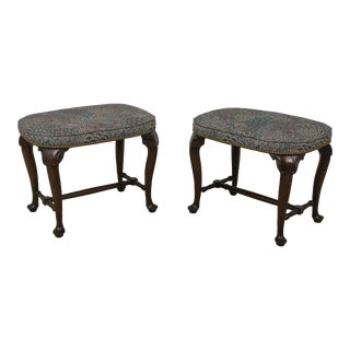 Pair Vintage English Queen Anne Style Ottomans For Sale