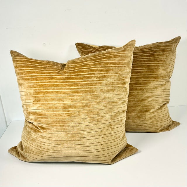 Late 20th Century Vintage Boho Chic Contemporary Carmel Velour Striped Decorative Pillows - Set of 2. For Sale - Image 5 of 11
