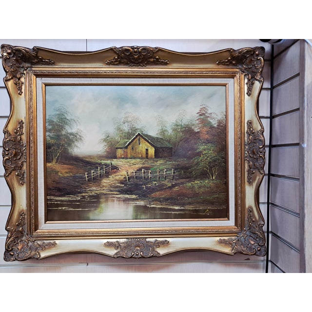 Vintage Woodland Lake Oil Painting on Canvas, Gold Frame, Signed, 1980s, Large For Sale - Image 4 of 18