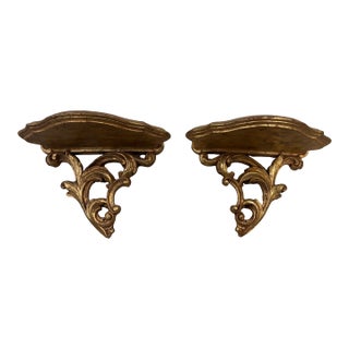 Vintage Italian Florentine Gilt Wall Shelves | Rococo Style Gold Carved Wood Brackets | Hollywood Regency Decor | Pair For Sale