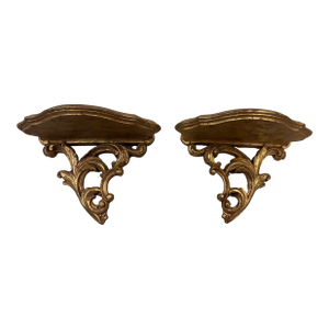 Vintage Italian Florentine Gilt Wall Shelves | Rococo Style Gold Carved Wood Brackets | Hollywood Regency Decor | Pair