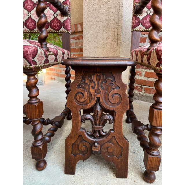 Wood Antique French Bench Stool Gothic Renaissance Carved Oak Trestle Fleur De Lis For Sale - Image 7 of 12