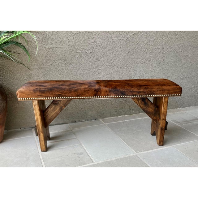 Burnt Umber Circa 2000 Western Chic Hair-on-Hide Ranch-Style Accent Bench With Brass Nailhead Trim For Sale - Image 8 of 18