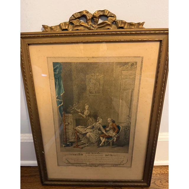 Early 19th Century Pair of Antique French Hand-Colored Engravings – “L’Occupation” & “La Promenade Du Matin” – Monument Du Costume – Gilt Ribbon Frames For Sale - Image 5 of 5