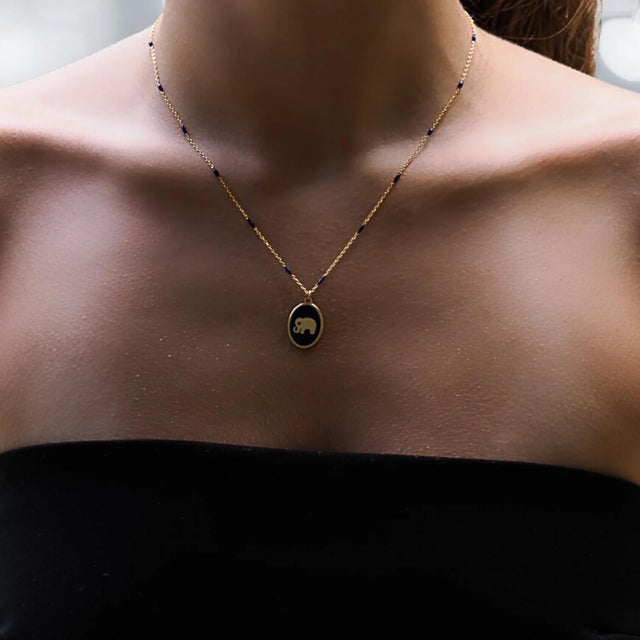 Lucky Elephant Pendant Blue Enamel & Gold Chain Necklace For Sale - Image 4 of 7