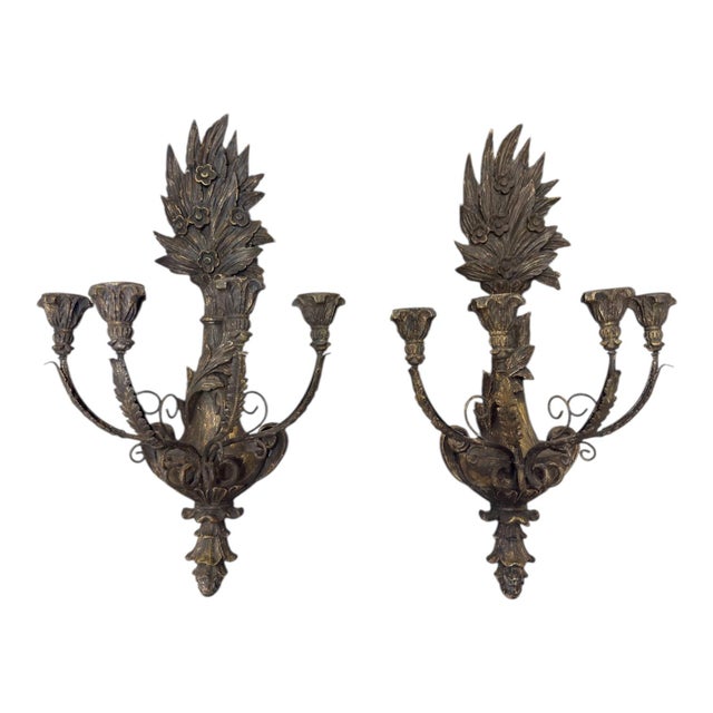 French Pair of French Style Gold 4 Arm Candelabra Wall Sconce For Sale - Image 3 of 4