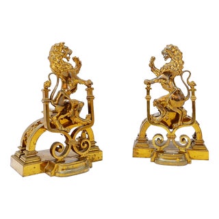 Antique Gilt-Bronze Andirons Depicting Rampant Lions, Set of 2 For Sale
