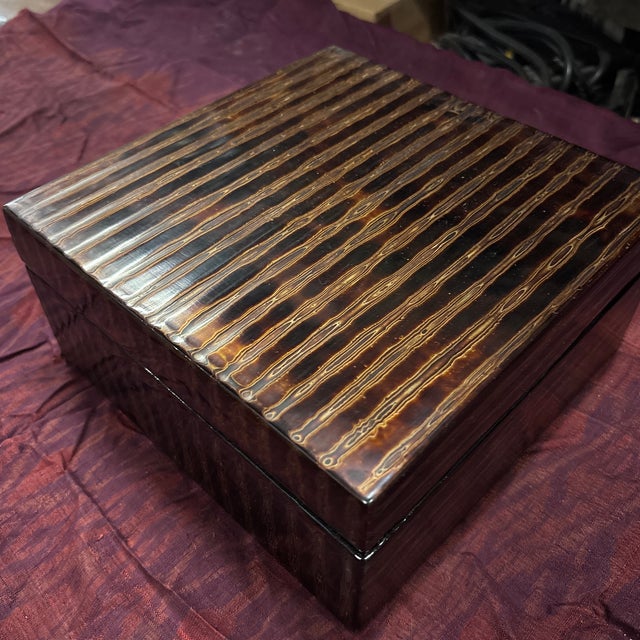 Black Elegant Hand Painted (Lines) Lacquer Box 9x9x3.5" For Sale - Image 8 of 12