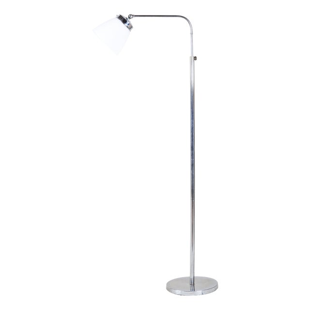 Czech Bauhaus Floor Lamp in Chromed Steel and Opaline Glass, 1930s For Sale