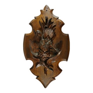 Antique Swiss Black Forest Hand Carved Wood Wall Plaque, Signed Ruef, Game Bird Trophy For Sale