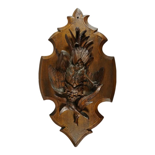 Antique Swiss Black Forest Hand Carved Wood Wall Plaque, Signed Ruef, Game Bird Trophy For Sale