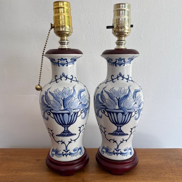 1990s Blue and White Floral Lamp Pair For Sale - Image 9 of 9