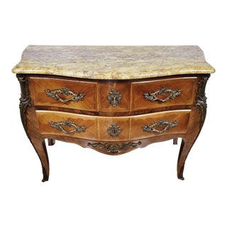Late 19th C French Louis XV Style Inlaid Marble Top Dresser Commode For Sale