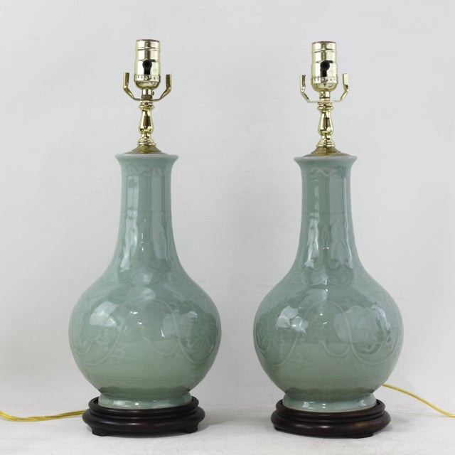 Pair of Vintage Celadon Green Porcelain Table Lamps Incised Floral Motif With Rosewood Bases For Sale - Image 16 of 16