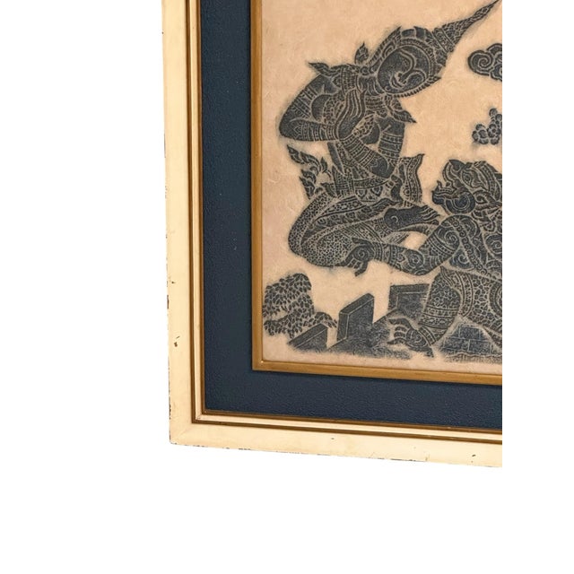 Framed Pair of Thai Blue Temple Rubbings on Rice Paper With Blue Matting For Sale - Image 9 of 11