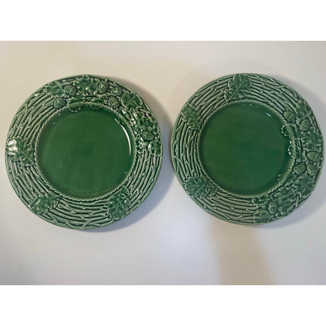 Late 20th Century Bordallo Pinheiro Dinner Plates Set of 6 Oak Leaf Acorn Green Earthenware For Sale - Image 9 of 9