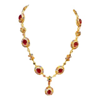 Bochic “Capri” Vintage Ruby & Multi Fancy Color Sapphire Necklace - 18K & Silver For Sale