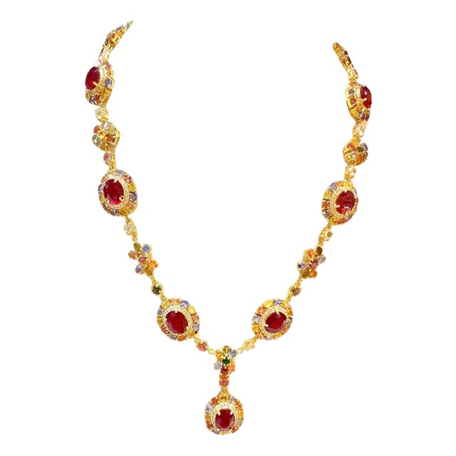 Bochic “Capri” Vintage Ruby & Multi Fancy Color Sapphire Necklace - 18K & Silver For Sale