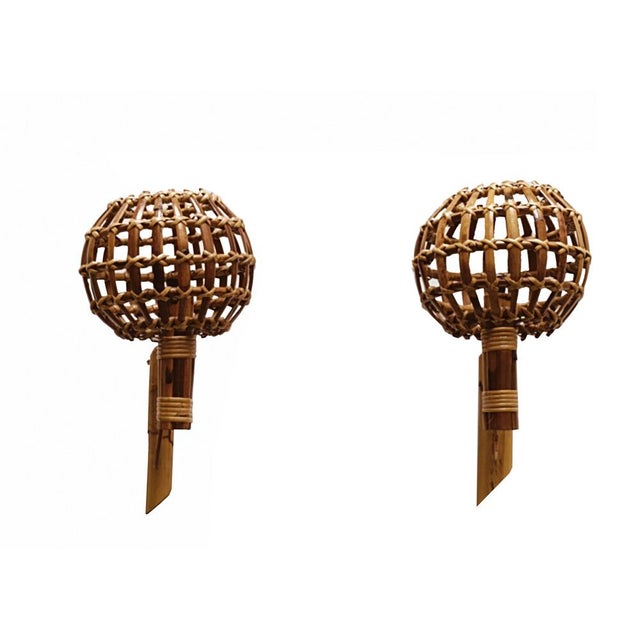 Wood Bamboo and Rattan Lantern Wall Lamps attributed to Louis Sognot, France, 1960s, Set of 2 For Sale - Image 7 of 8