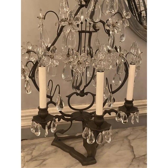 Vintage French Girandole Wrought Iron Lamp With Floral Prisms For Sale In Pittsburgh - Image 6 of 7