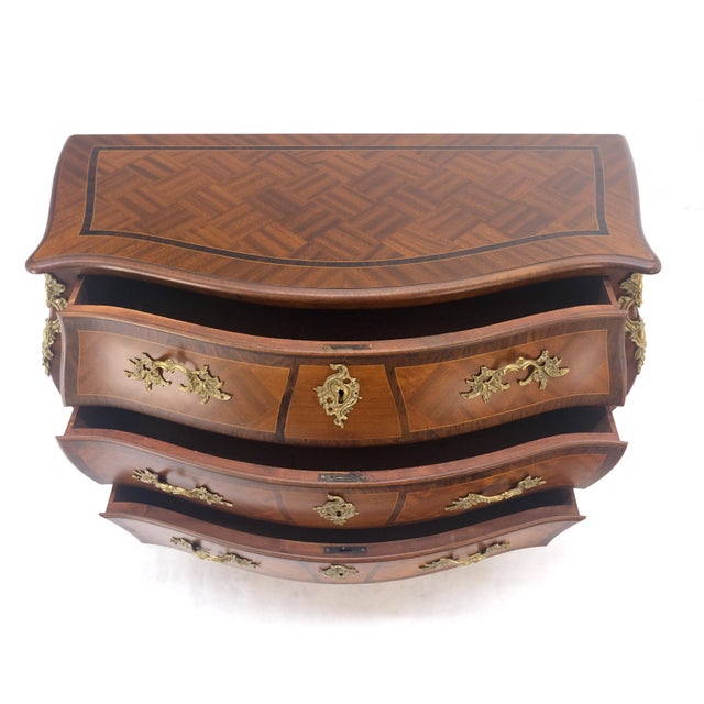 Bombe French Parquetry Top Bronze Mount Ormolu Mount 3 Drawers Dresser MINT For Sale - Image 16 of 17