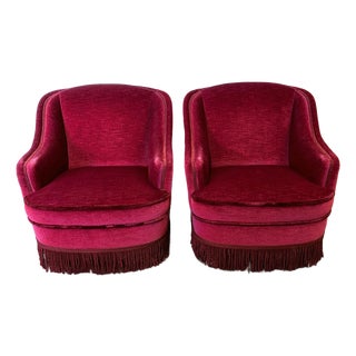 Vintage French Club Chairs in Red Velvet with Fringe Skirts, 1960s, Set of 2 For Sale