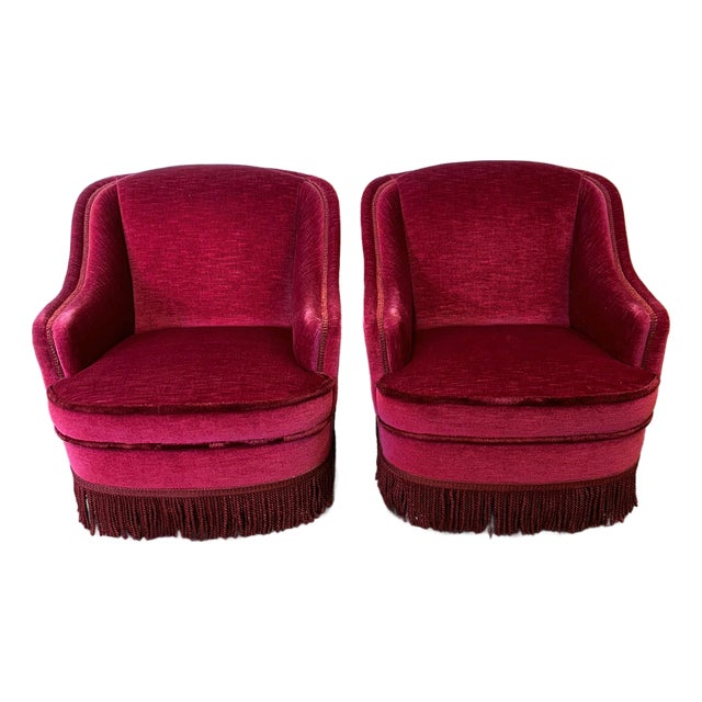 Vintage French Club Chairs in Red Velvet with Fringe Skirts, 1960s, Set of 2 For Sale