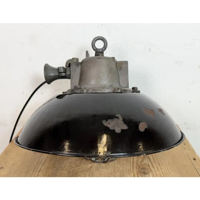 Industrial Black Enamel and Cast Iron Cage Pendant Light from Elektrosvit, 1960s For Sale - Image 11 of 18