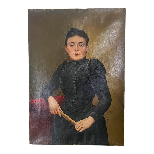 1890s Antique French Woman Portrait Oil Painting on Canvas For Sale