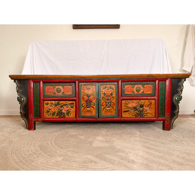 Antique Mongolian Hand-Painted Kang Cabinet / Low Media Console For Sale - Image 4 of 17