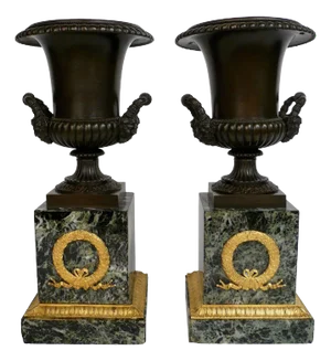 Pair of French Empire Bronze and Marble Urns
