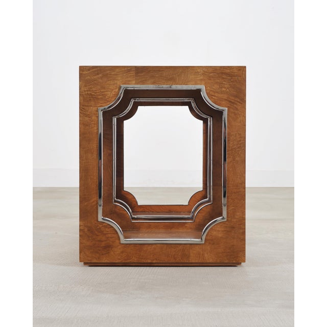 Pair of Bernhardt Soho Luxe Burlwood Steel Cube Drink Tables For Sale - Image 15 of 18