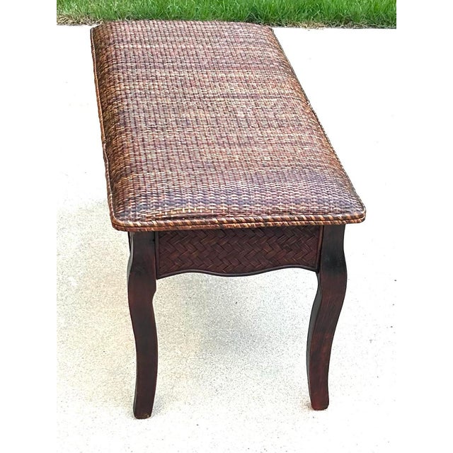 Wooden Bench, With a Cushioned, Rattan-Woven Seat, Curved Legs, Late 20th Century, Bohemian/Coastal Styles For Sale - Image 11 of 11