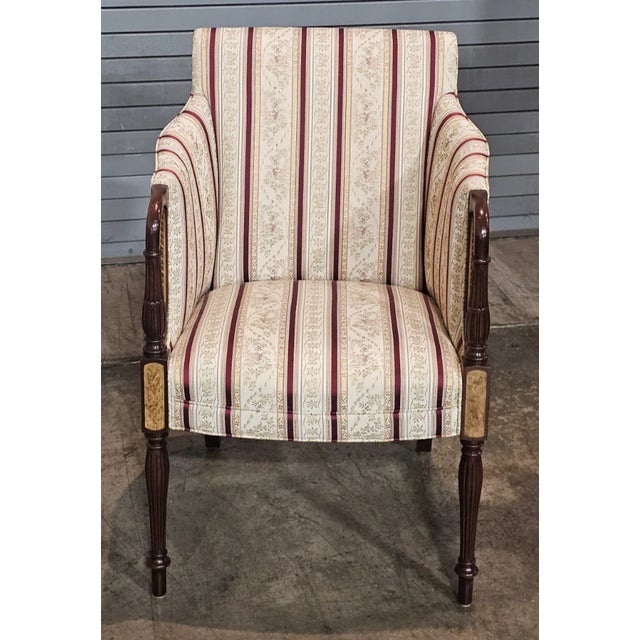 Late 20th Century Late 20th Century Pair of Southwood Sheraton Tub Arm Chair Mahogany Frame Burl Maple Inlays Silk Fabric For Sale - Image 5 of 12
