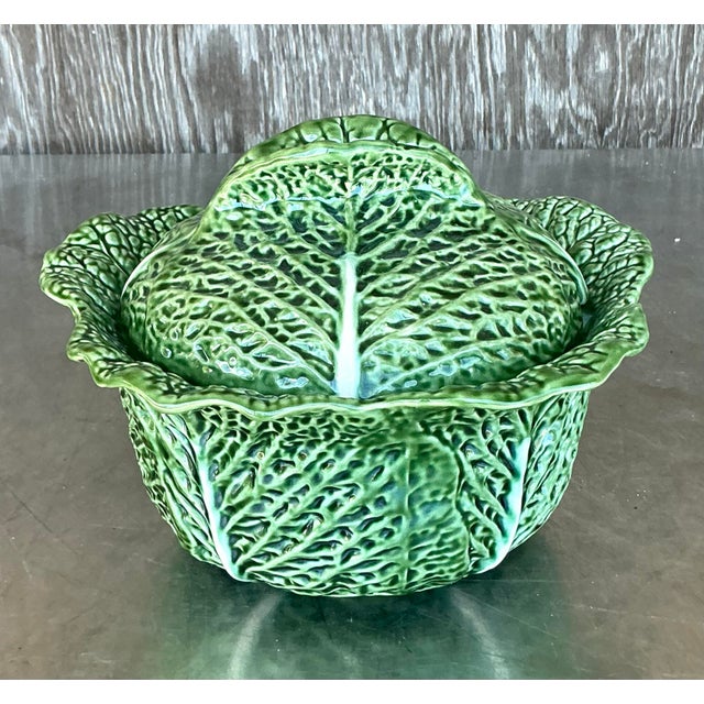 Green Vintage Boho Glazed Ceramic Large Lidded Bowl For Sale - Image 8 of 11