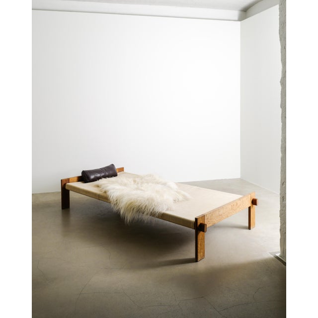 Low Mid-Century Danish Wood, Canvas, Leather and Sheepskin Daybed by Tage Poulsen, 1950s For Sale - Image 3 of 9