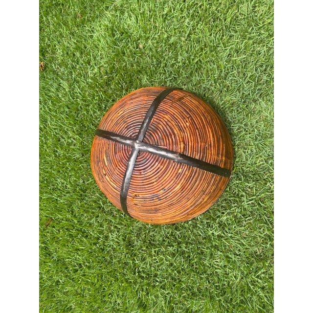 Vintage 17.5” Handmade Primitive Pencil Rattan Basket With Leather Rim For Sale - Image 10 of 12