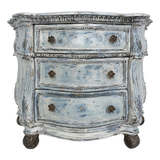 Vintage Distressed Blue Dresser | Hand-Painted 3-Drawer Chest | Shabby Chic French Country | Carved Details | Maison Martine | One of a Kind For Sale