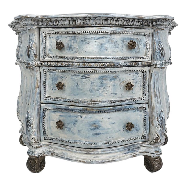 Vintage Distressed Blue Dresser | Hand-Painted 3-Drawer Chest | Shabby Chic French Country | Carved Details | Maison Martine | One of a Kind For Sale