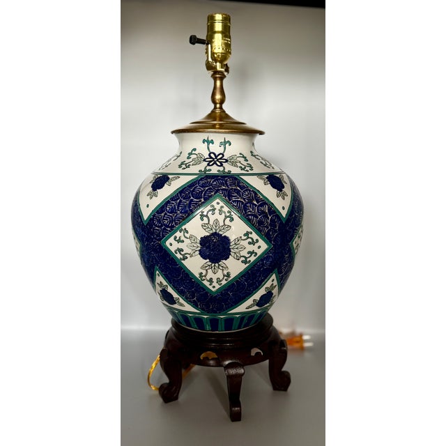 Vintage Blue & White Chinoiserie Ginger Jar Lamps With Custom Teal Linen Shades - a Pair For Sale - Image 4 of 11