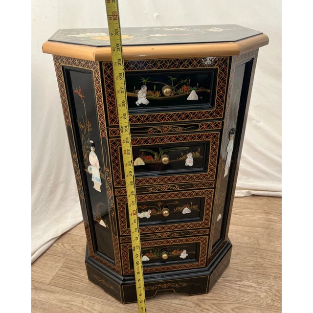 Black Vintage Chinese Chest of Drawers Dresser Chinoiserie Mother of Pearl Applique For Sale - Image 8 of 11