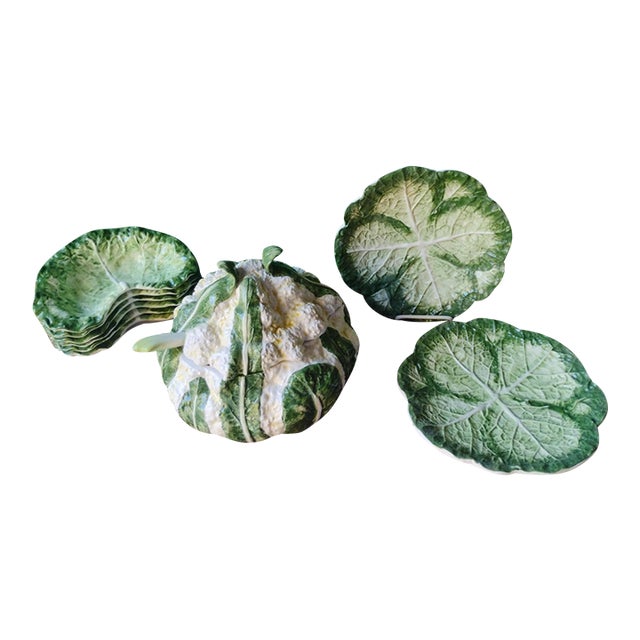 Vintage Italian Majolica Cabbage Tureen Soup Set of 11 Pieces For Sale