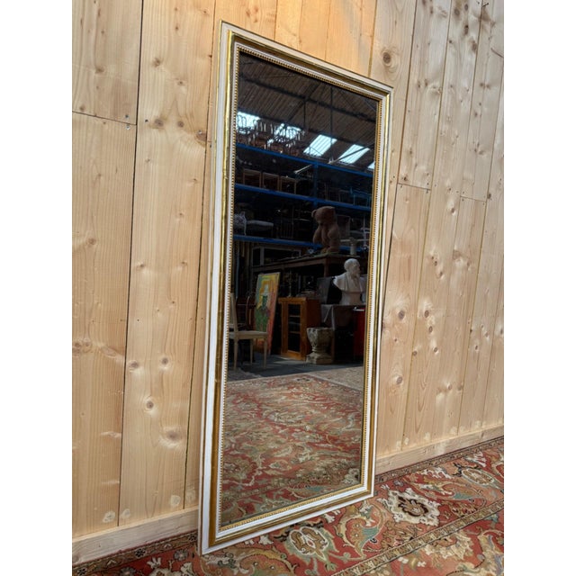 Wood Louis XVI Style Mirror in White Lacquered and Gilded with Gold Leaf For Sale - Image 7 of 7