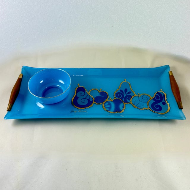 Georges Briard Georges Briard Peacock Blue Pageant Fruit Glass Tray & Dip Bowl For Sale - Image 4 of 15
