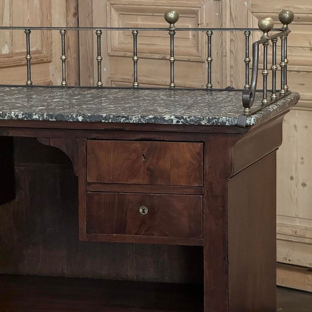 Rare Louis Philippe Period Marble Top Concierge Counter With Original Hand Forged Brass Gallery Rail For Sale - Image 11 of 18