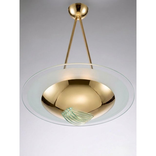 Mid-Century Modern 1970s Mid-Century Modern French Brass & Frosted Glass Pendant Light – 24" Luxury Chandelier For Sale - Image 3 of 6