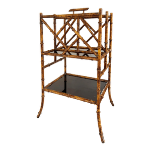 Iron Faux Bamboo Tortoise Shell Finish Magazine Rack, Black Glass Shelves